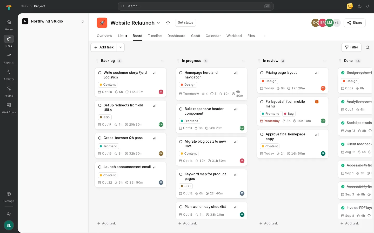 Tascimo board view with Backlog, In progress, In review and Done columns