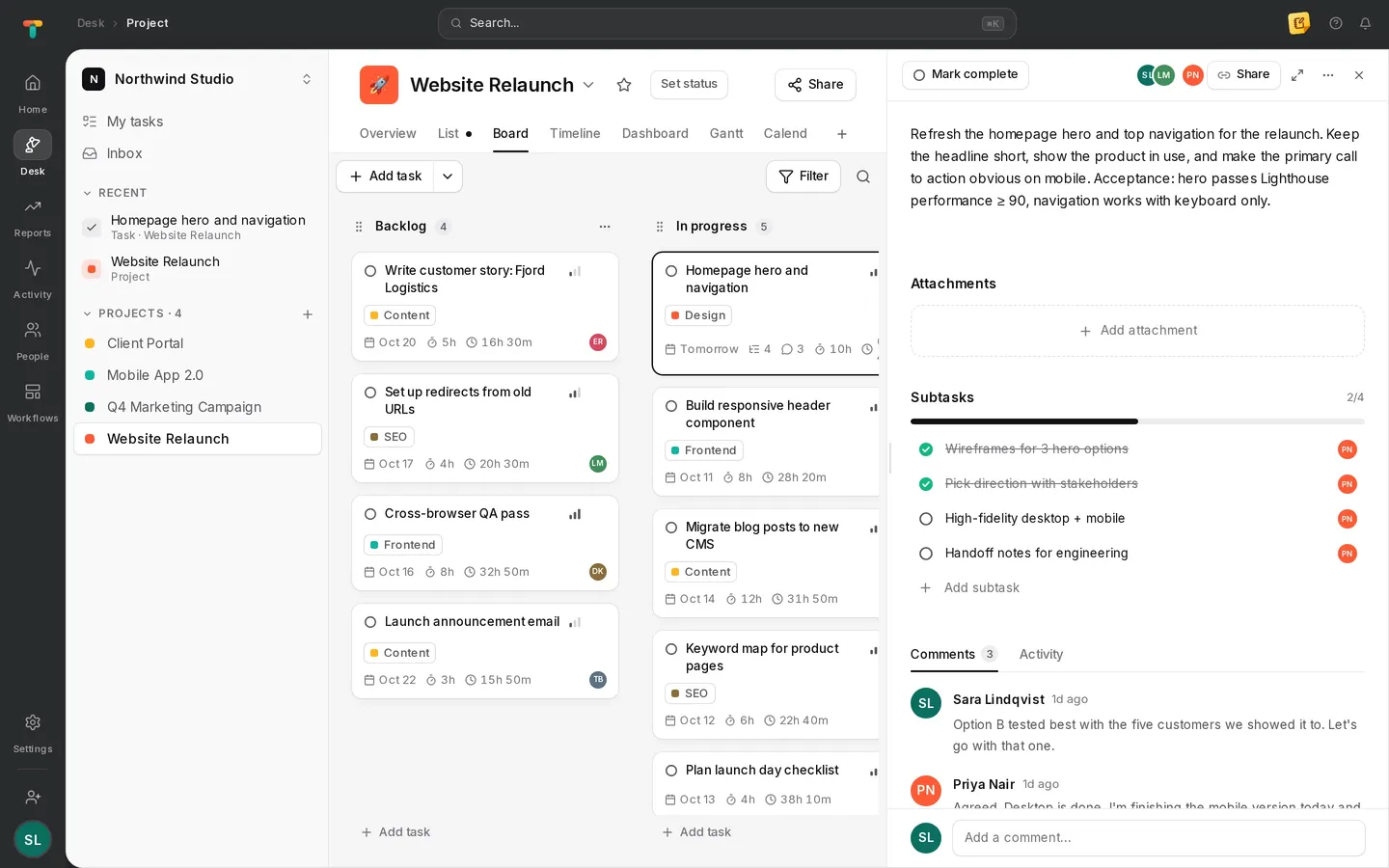 Tascimo task panel with subtasks, tracked time and a comment thread